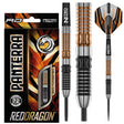 Full view steel tip tungsten darts with close-up barrel grip, textured rings, 22g weight, and packaging on white background