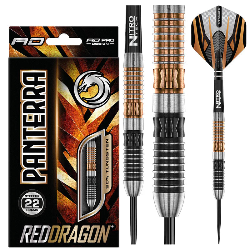 Full view steel tip tungsten darts with close-up barrel grip, textured rings, 22g weight, and packaging on white background