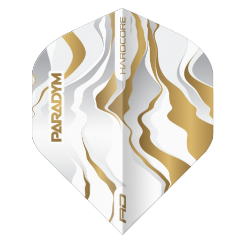 Red Dragon Paradym Gold No.2 dart flight upright on a white background, gold and white marbled design