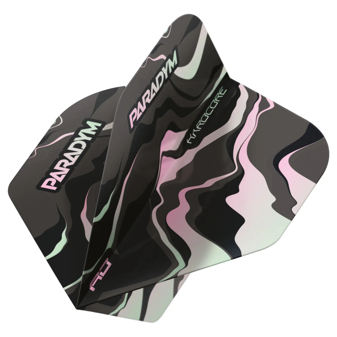 Angled close-up of three assembled dart flights on white, featuring Paradym Hardcore No.2 style and black-pink swirl design for darts
