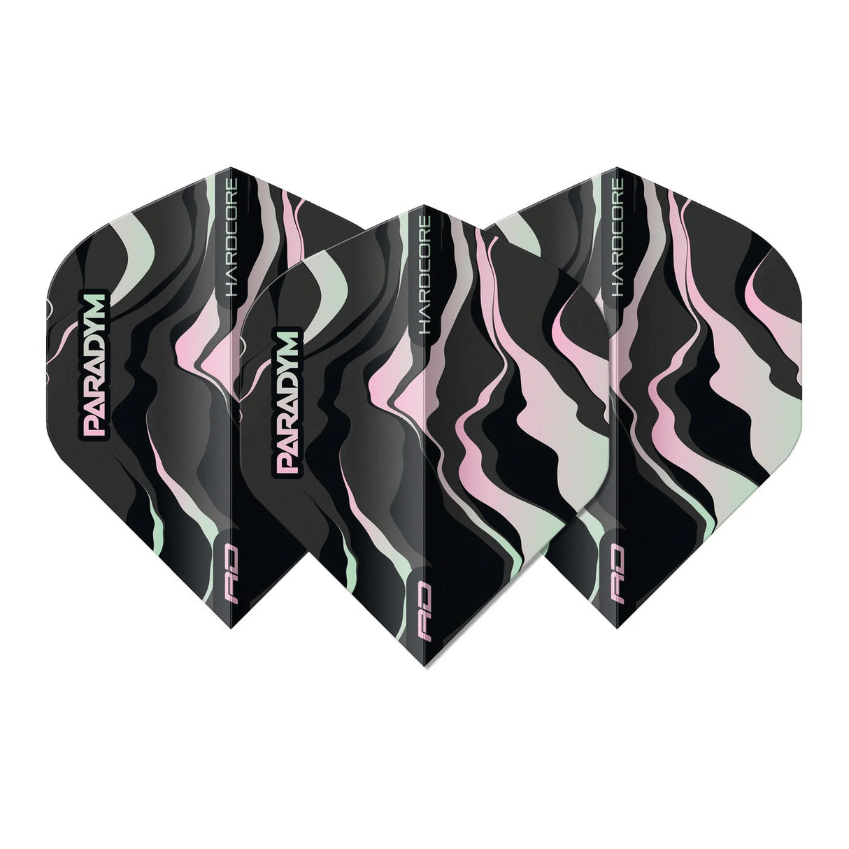 Set of three Paradym Hardcore No.2 dart flights with abstract black, pink, and mint design, full view on white background.