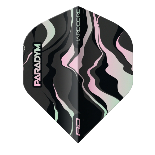 Full view of Paradym Hardcore No.2 dart flight, black with pink and mint wavy design, isolated on white background