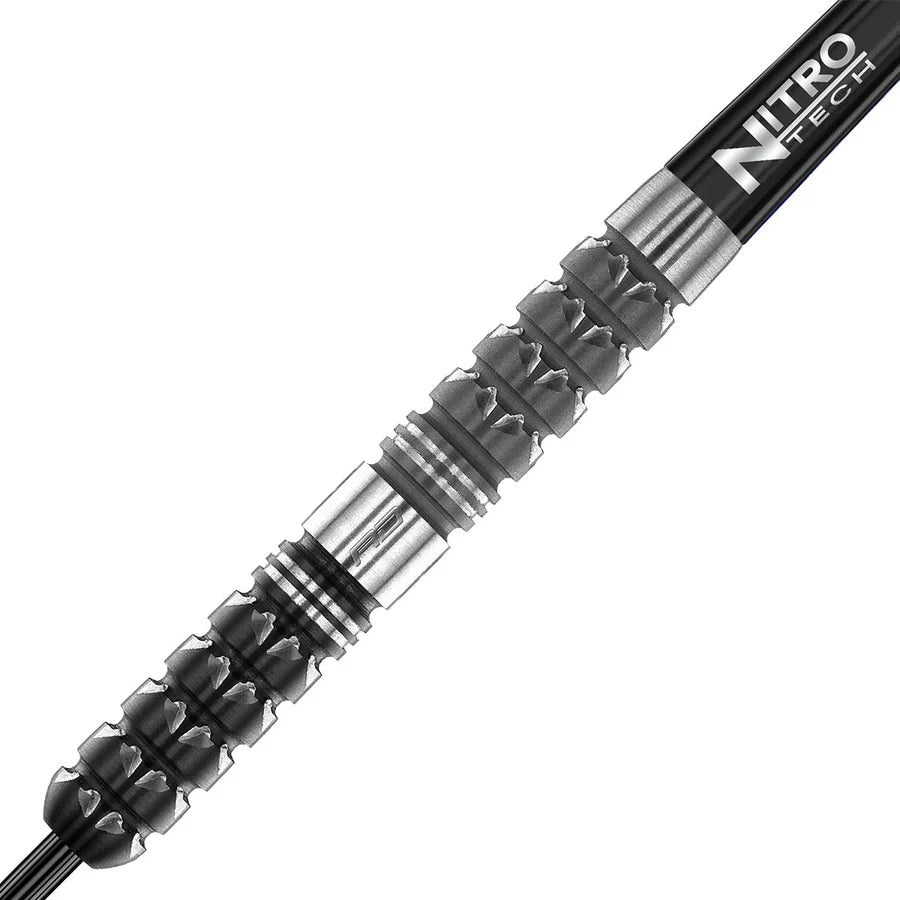 Macro close-up of 90% tungsten dart barrel with aggressive textured grip, precision grooves, and silver finish for dart players