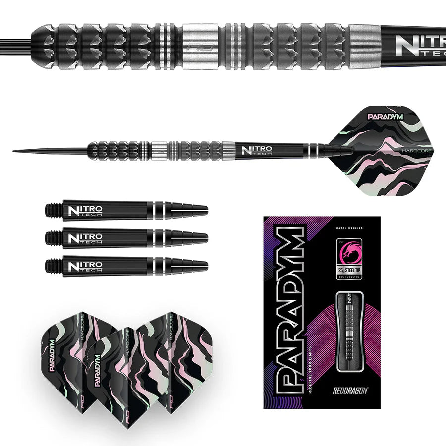 Flat lay displaying tungsten dart with detailed grip, extra Nitro Tech shafts, patterned flights, and retail packaging on white background