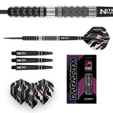Flat lay displaying tungsten dart with detailed grip, extra Nitro Tech shafts, patterned flights, and retail packaging on white background