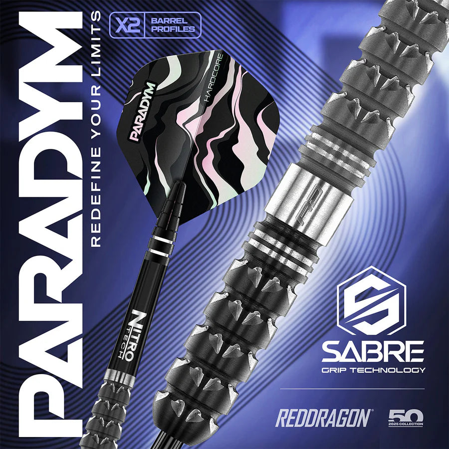 Macro shot of Paradym Parallel tungsten dart barrel showing Sabre grip texture and abstract flight design for advanced dart players