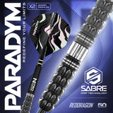 Macro shot of Paradym Parallel tungsten dart barrel showing Sabre grip texture and abstract flight design for advanced dart players