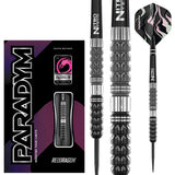 Paradym Parallel 90% tungsten steel tip darts full view with packaging, close-up of textured grip, and pink camo flights