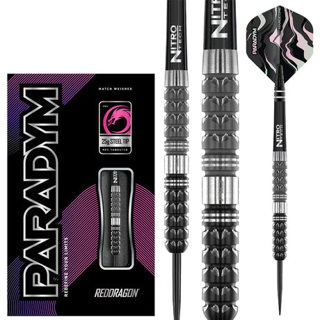 Paradym Parallel 90% tungsten steel tip darts full view with packaging, close-up of textured grip, and pink camo flights