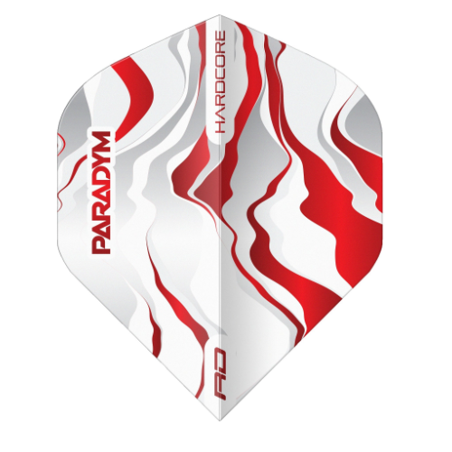 Red Dragon Paradym Red No.2 dart flight upright on a white background, red and white marbled design