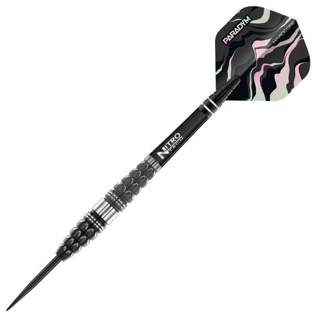 Full view tungsten dart with deep grip texture, black Nitro Tech shaft, and pink camo-patterned flight on white background