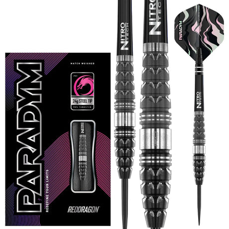 Paradym Torpedo 90% tungsten darts with dual texture grip, steel tip, unique flight, and retail box packaging display
