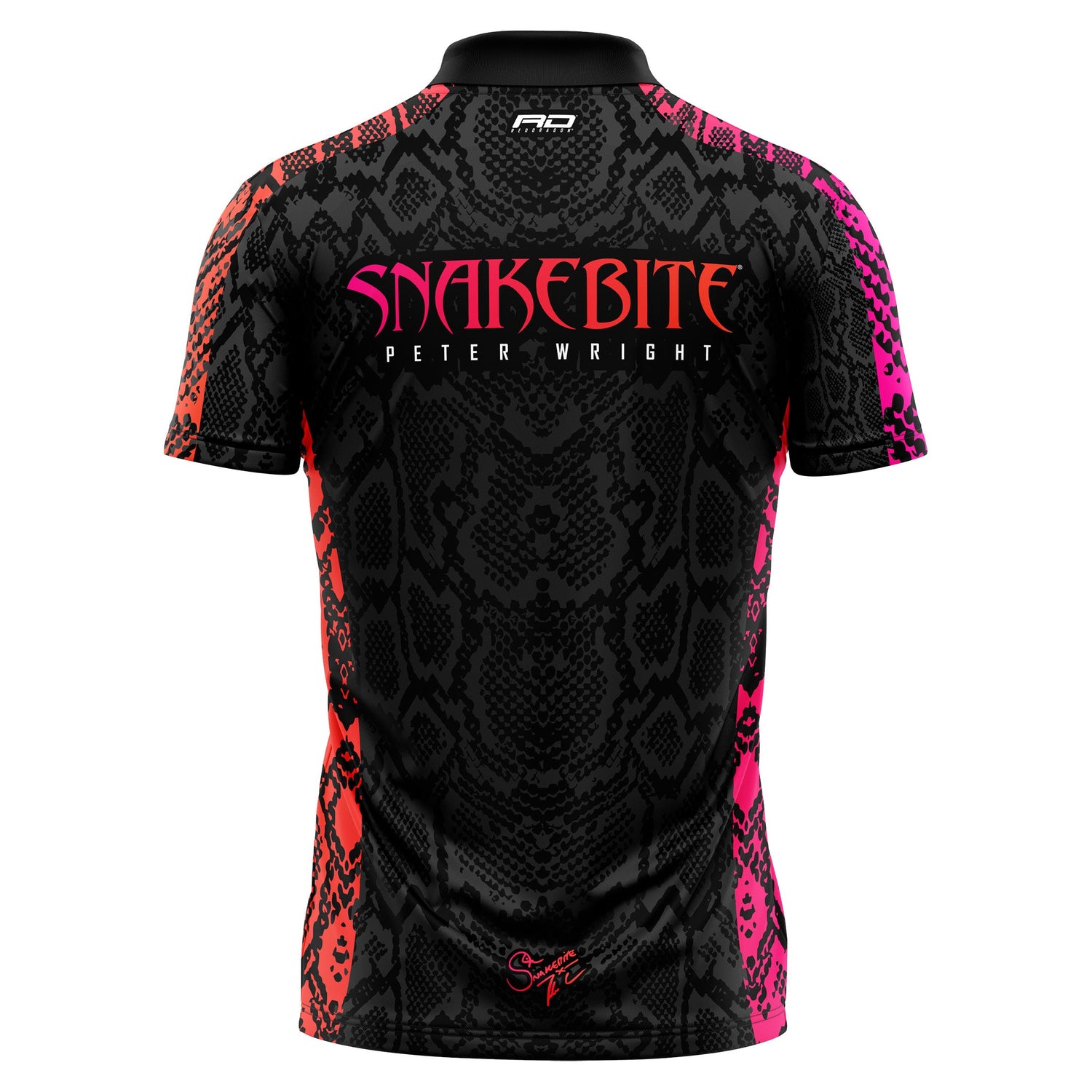 Back view of Peter Wright 2025 limited edition dart shirt with black snake pattern and bold Snakebite branding, isolated on white background.