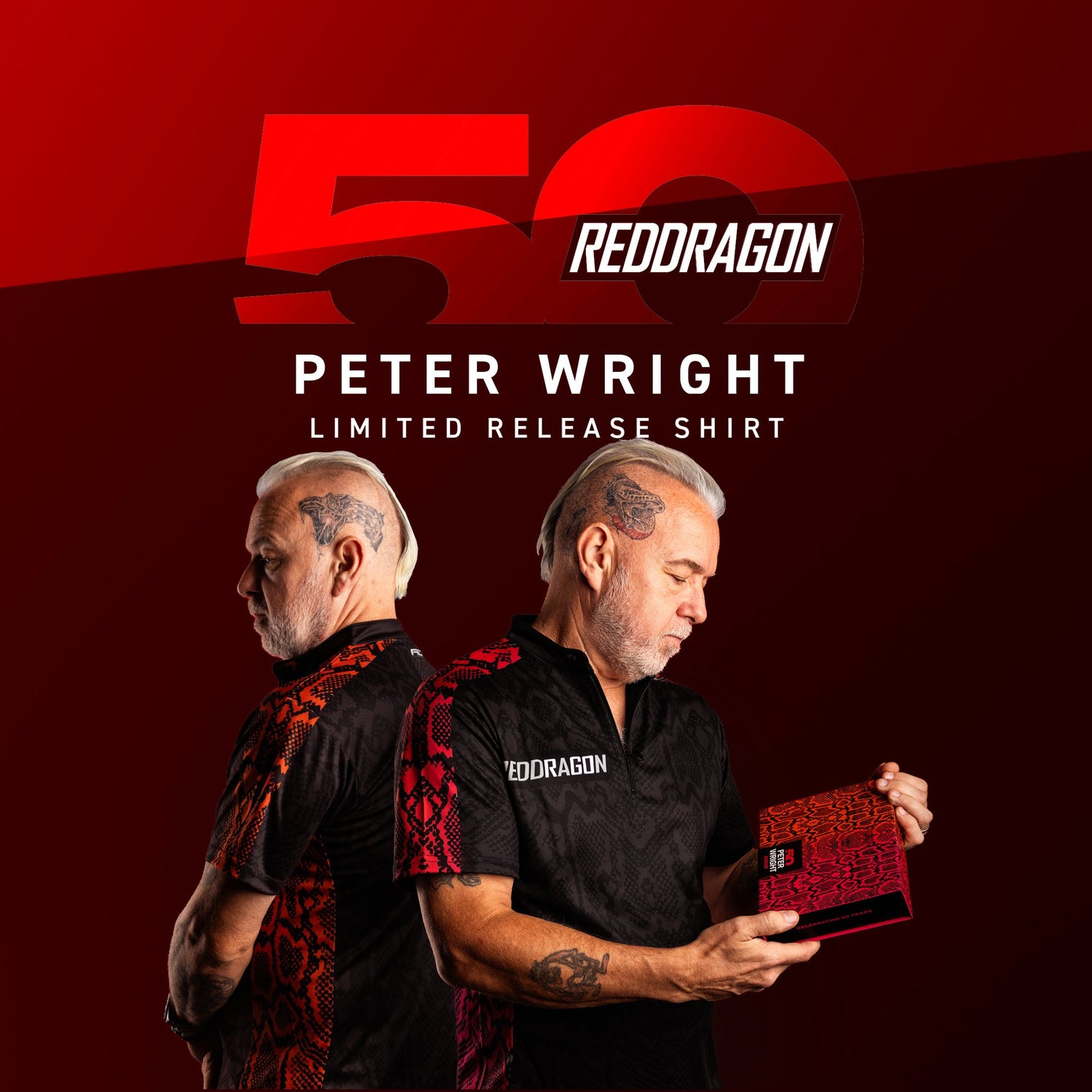 Limited edition Peter Wright darts shirt modeled from front and back, showing black and red pattern plus special box packaging