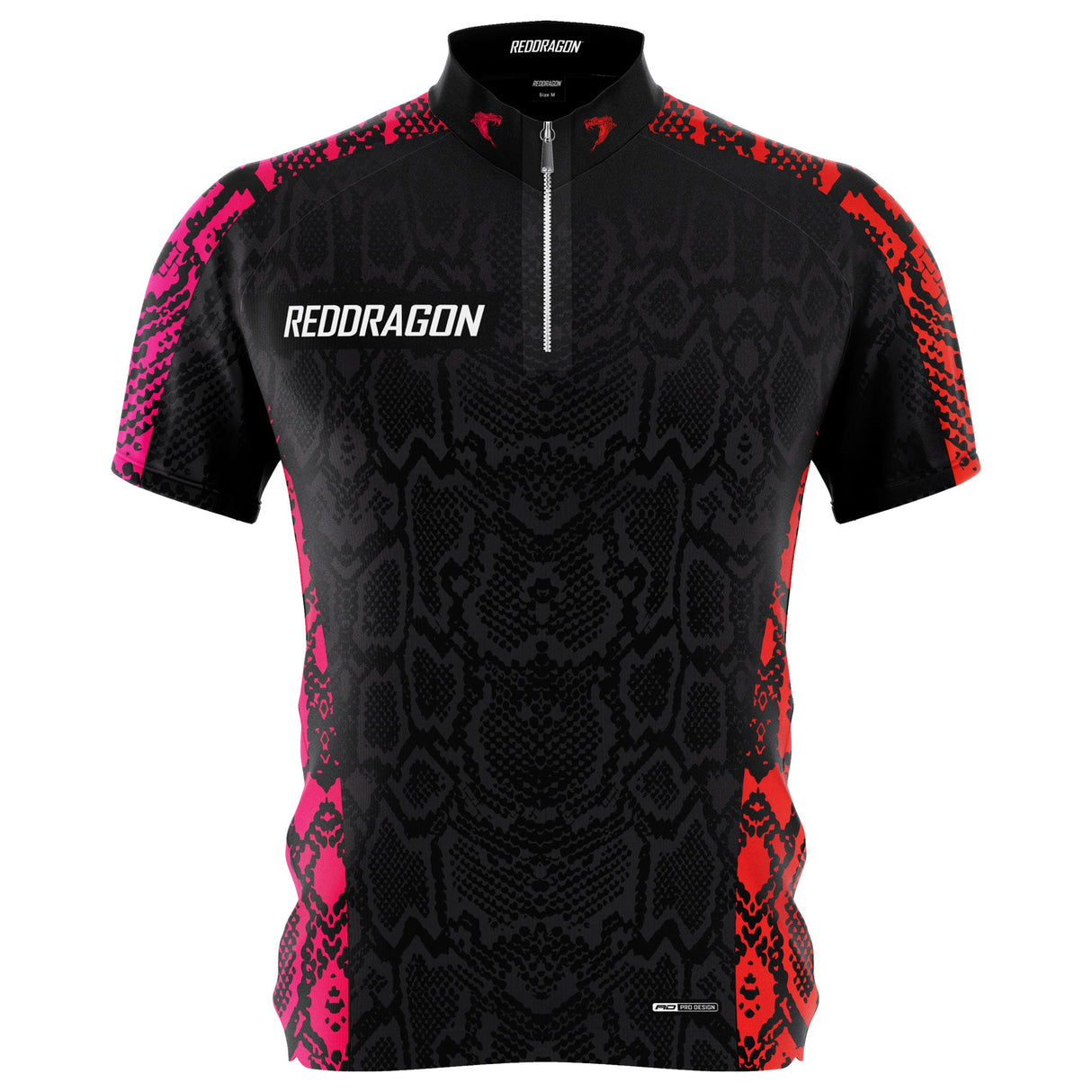 Front view of Peter Wright 2025 limited edition darts shirt with black snake pattern, zip collar, and red-pink accents, isolated on white