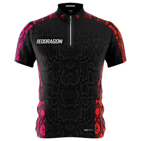 Front view of Peter Wright 2025 limited edition darts shirt with black snake pattern, zip collar, and red-pink accents, isolated on white