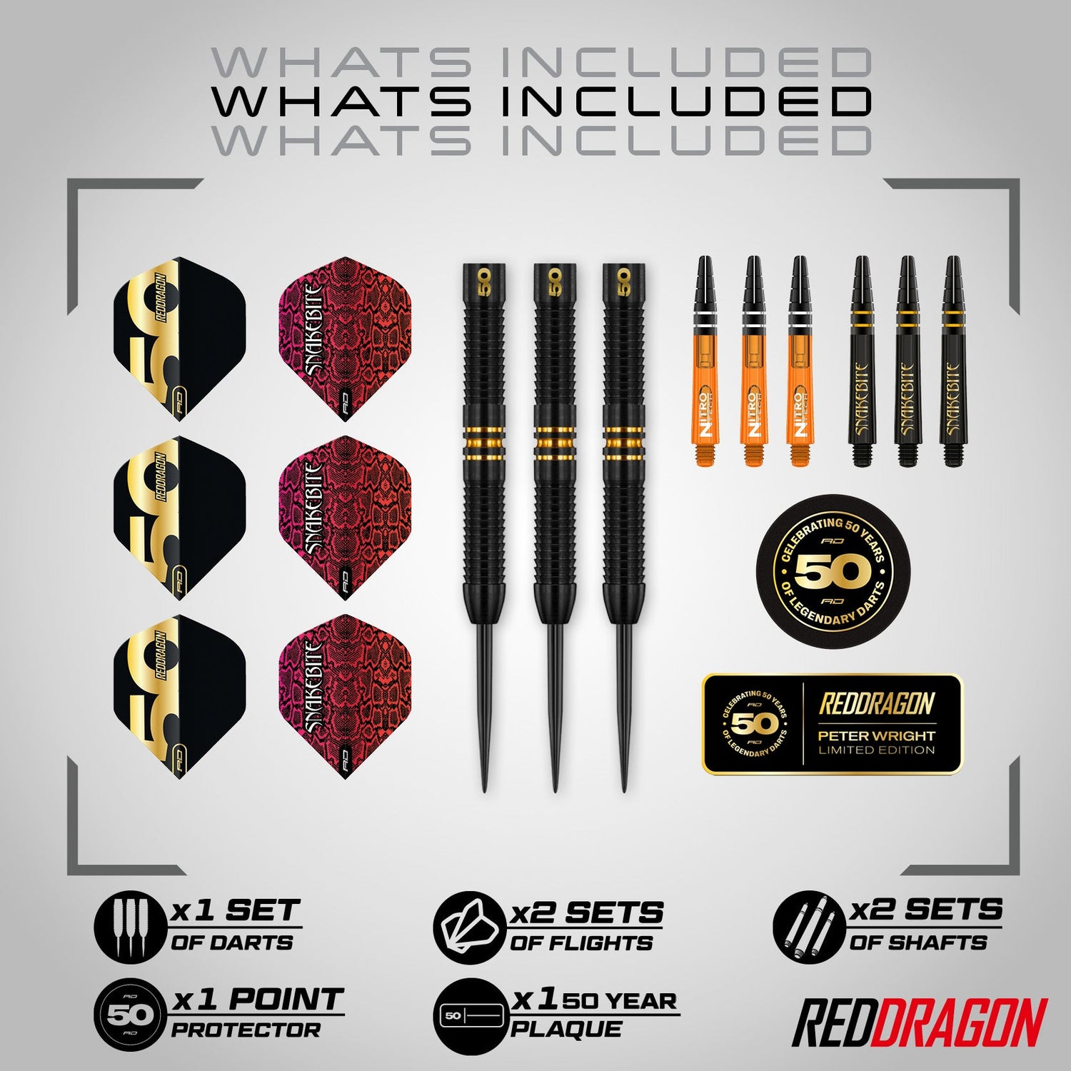 Top-down view of Peter Wright 50 Year Anniversary tungsten darts kit with 3 darts, 2 sets of flights, shafts, point protector, and collector plaque.