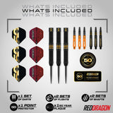 Top-down view of Peter Wright 50 Year Anniversary tungsten darts kit with 3 darts, 2 sets of flights, shafts, point protector, and collector plaque.