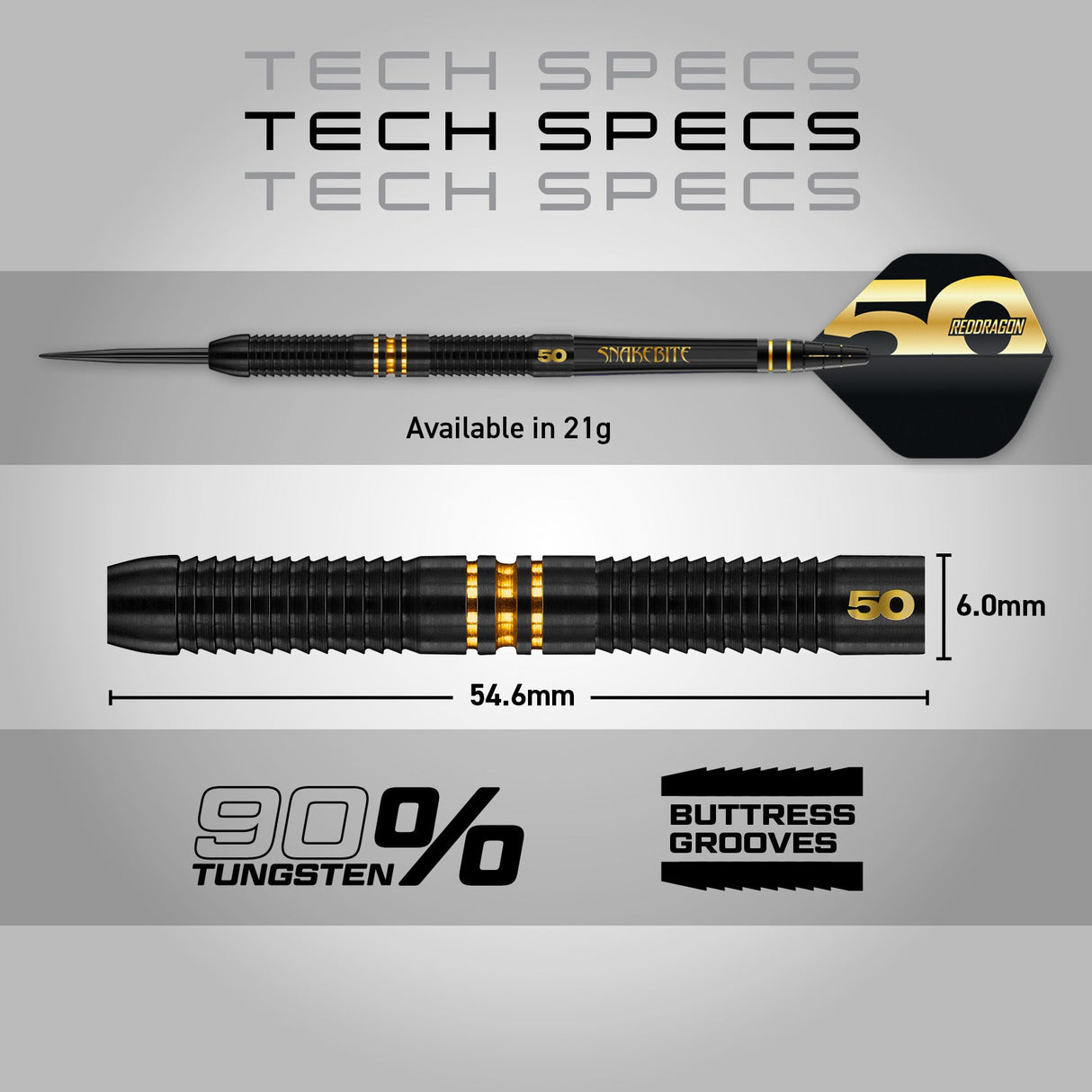 Full view 90% tungsten dart with barrel close-up, 54.6mm length, 6.0mm diameter, buttress grooves, 21g weight, gold accent rings