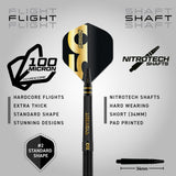 Full view of Peter Wright 50 Year Anniversary tungsten dart showing black gold flights and Nitrotech shaft, 34mm length indicated, standard shape.