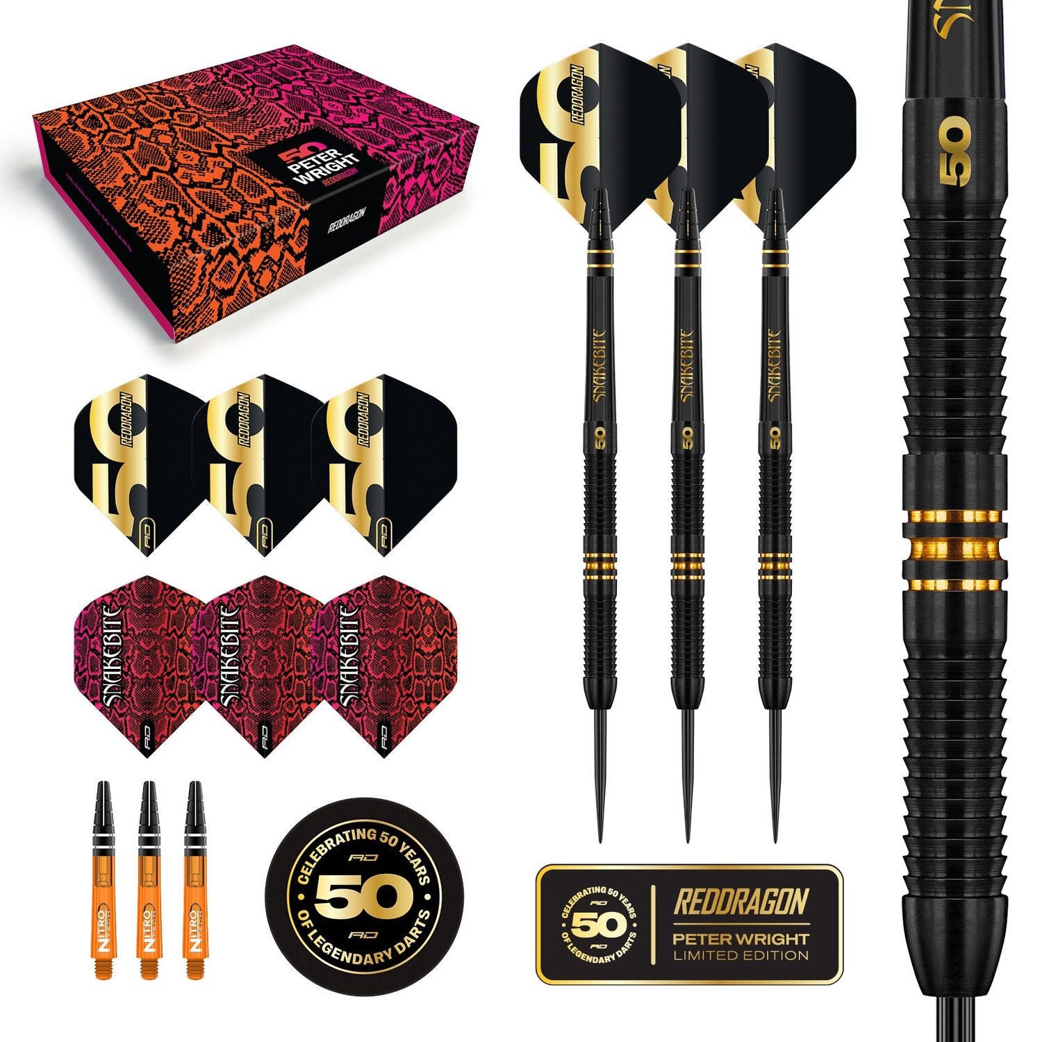 Limited edition 90% tungsten darts set with three darts, extra flights, accessories, close-up grip, and anniversary box on white background
