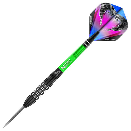 Full view tungsten dart with black textured barrel, green Nitro shaft, and colorful snake-print flight on white background