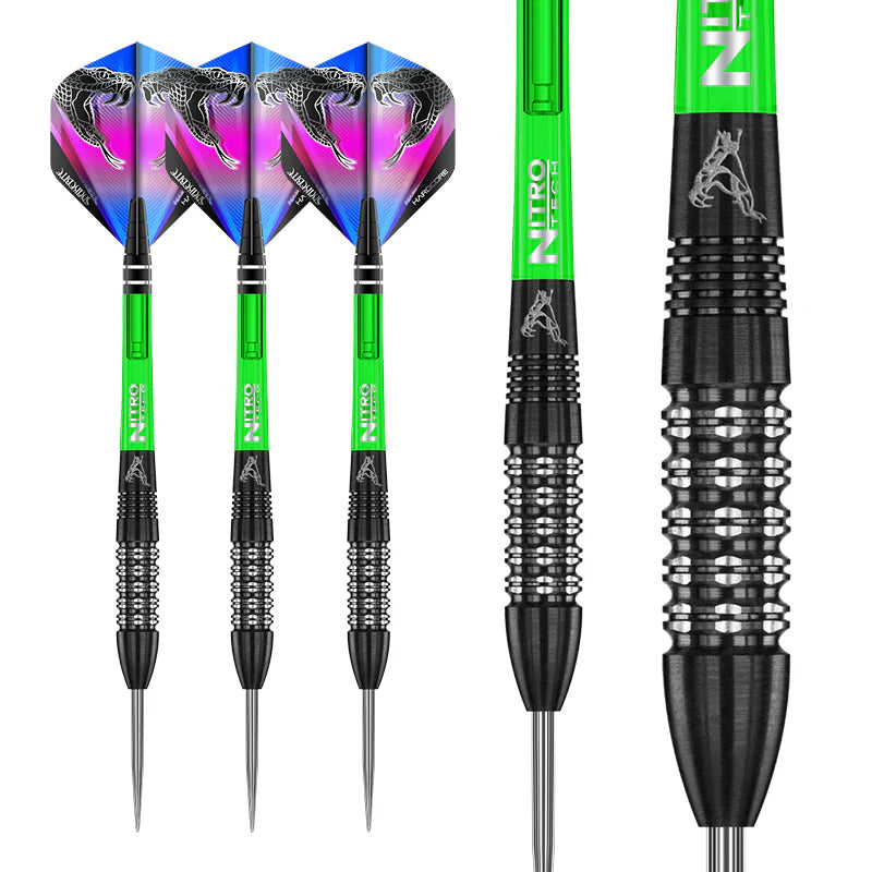 Set of three tungsten darts with green shafts, snake flights, and macro close-up of black knurled barrel grip for precision