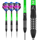 Set of three tungsten darts with green shafts, snake flights, and macro close-up of black knurled barrel grip for precision
