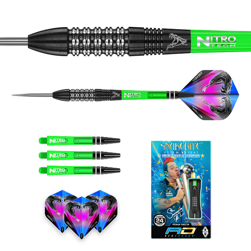 Steel tip tungsten dart set with black grip barrel, green shafts, snake-themed flights, matching accessories, and packaged box displayed flat lay.