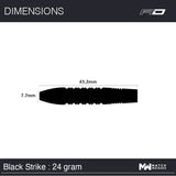 Dart barrel side view silhouette with 43.2mm length and 7.7mm diameter, 24 gram weight, isolated for size reference