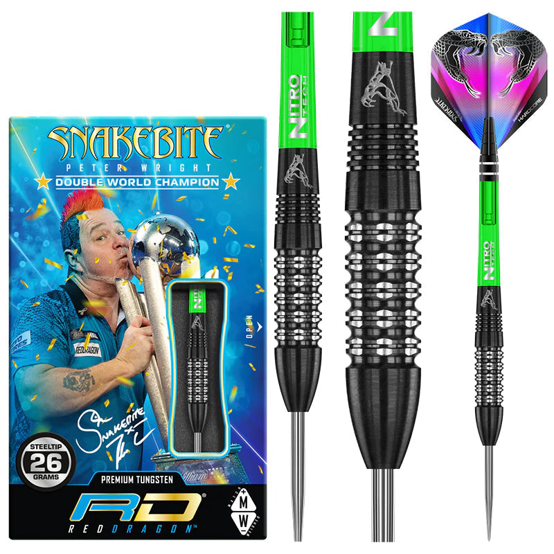 Full-view 90% tungsten steel tip darts with black grooved barrels, green shafts, snake-themed flights, and retail box packaging.