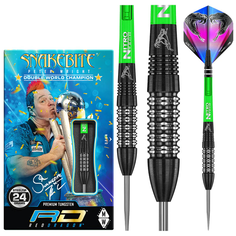 Tungsten darts set with retail packaging, close-up barrel grip, green stems, black tips, and snakebite flights on white background