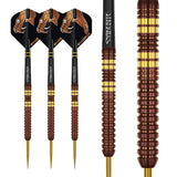 Peter Wright Copper Fusion 90% tungsten darts set with black snake flights and close-up of copper gold ringed grip barrels