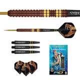 Copper fusion 90% tungsten darts set fully displayed with close-up barrel texture, shafts, snake design flights, and retail packaging