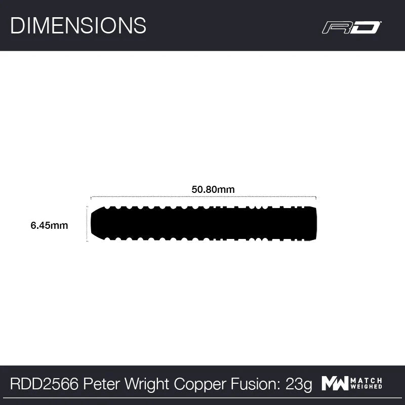Side view dart barrel silhouette with grip texture, showing 50.80mm length and 6.45mm diameter for tungsten darts