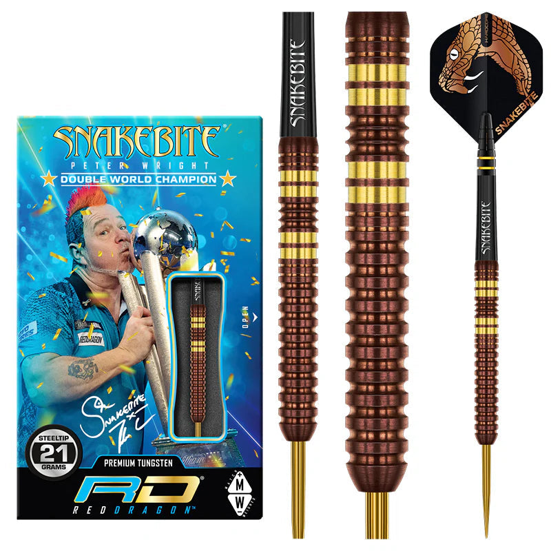Steel tip darts with copper and gold ringed grip detail, snake themed flights, and retail packaging, 90 percent tungsten professional darts