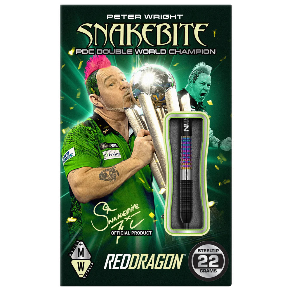 Peter Wright Corra 90% tungsten dart in retail packaging, steeltip 22 grams, visible color grip and barrel profile