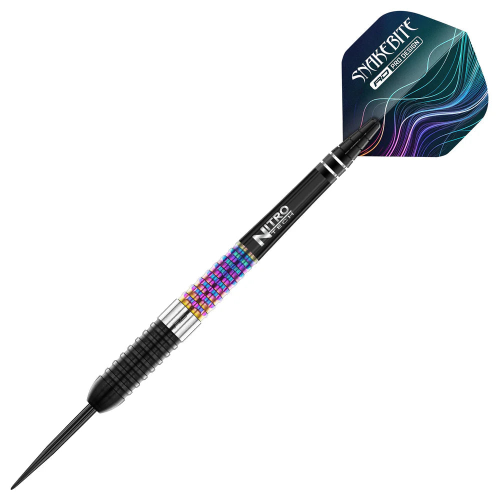 Single 90% tungsten dart with rainbow grip rings, torpedo barrel, black point, Snakebite flight, isolated on white background