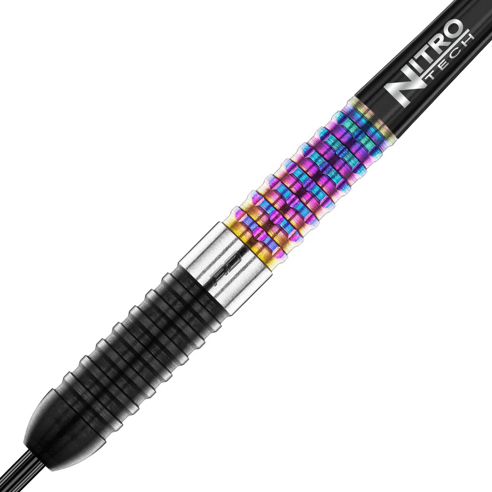 Close-up of dart barrel showing rainbow ring grip, 90% tungsten torpedo profile, segmented black grip, and Nitro Tech shaft