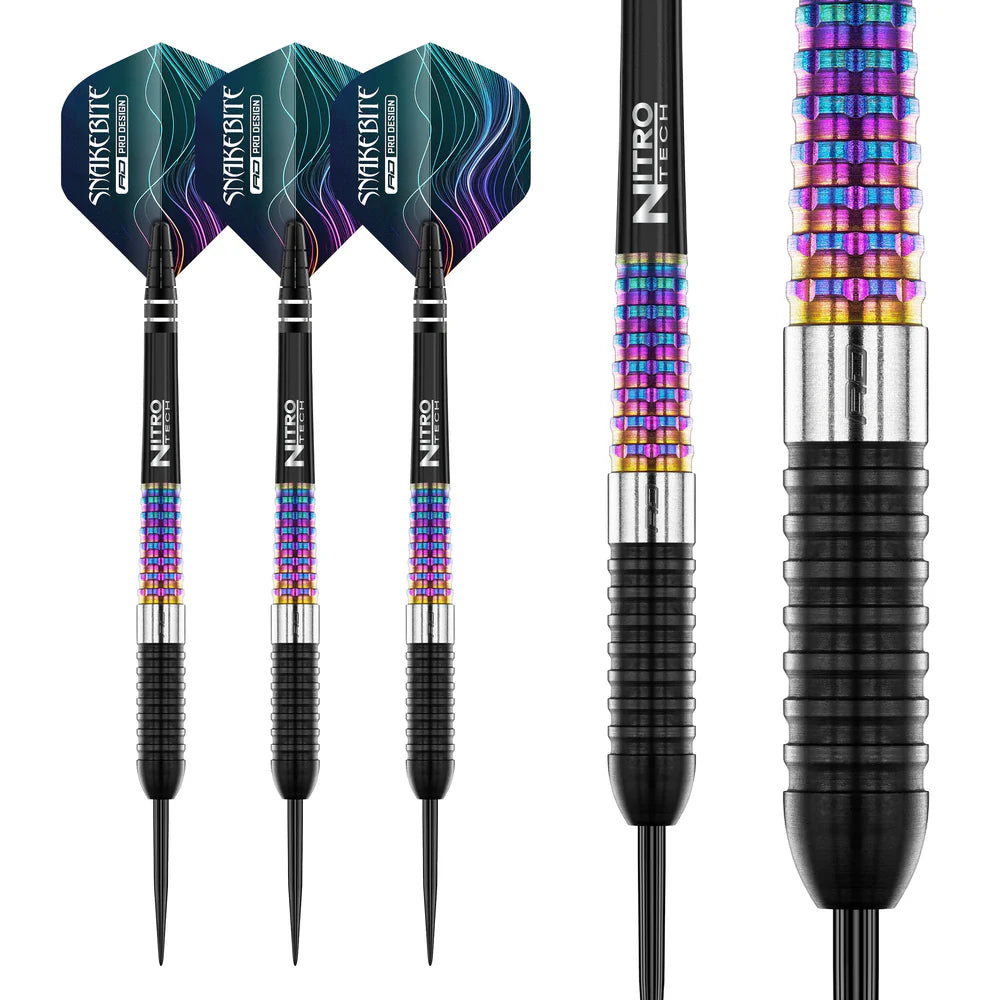 Three 90% tungsten darts with rainbow torpedo barrels, black Nitro Tech shafts, Snakebite flights, macro barrel grip detail