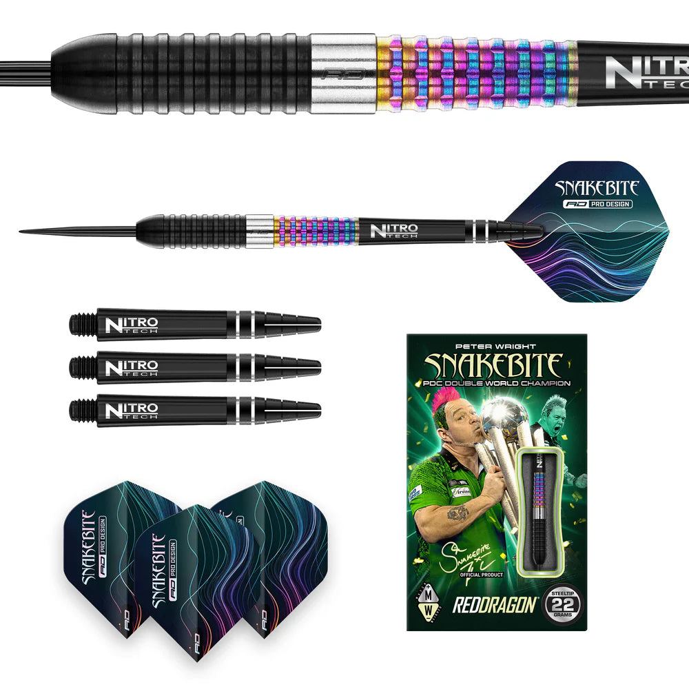 Full set of Peter Wright Corra 90% tungsten darts displayed flat with close-up barrel grip, extra shafts, flights, and retail box