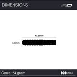 Side view dart barrel silhouette with 43.18mm length and 7.35mm diameter shown for sizing and grip reference