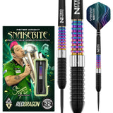 Angled close-up of Peter Wright Corra 90% tungsten dart with vivid rainbow barrel grip, steeltip, signature flight, and retail box