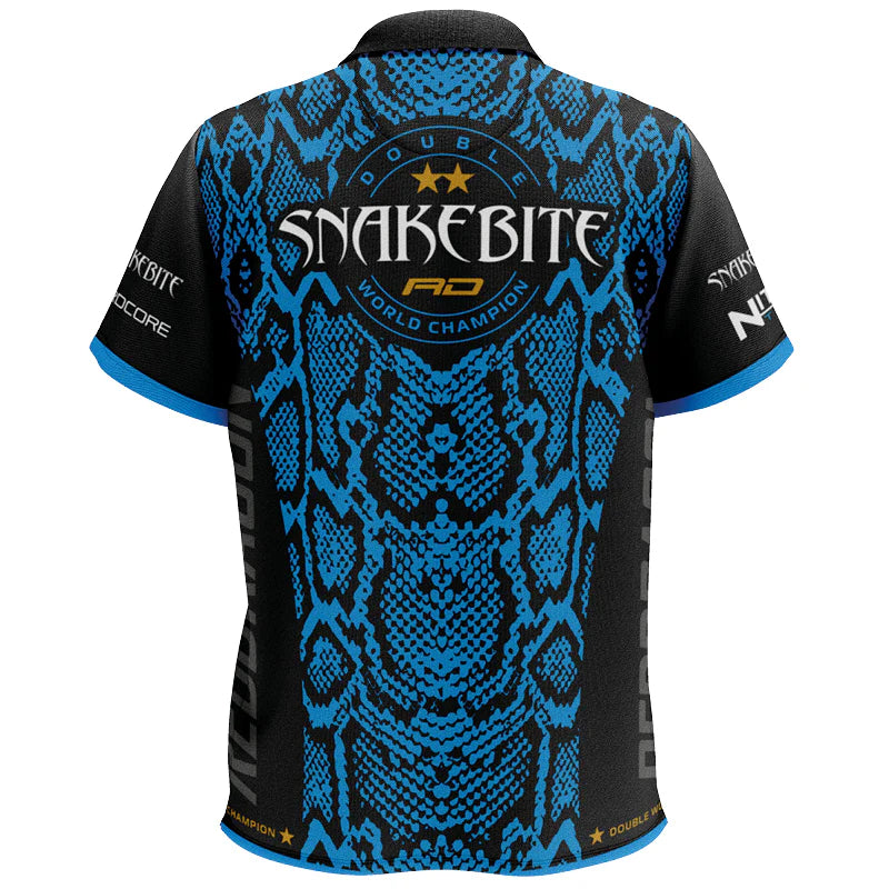 Back view darts shirt with blue snake pattern, double world champion print, bold Snakebite branding, isolated on white background