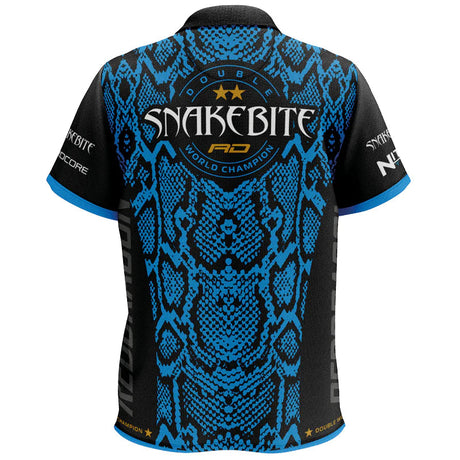Back view darts shirt with blue snake pattern, double world champion print, bold Snakebite branding, isolated on white background