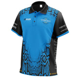 Angled view of Peter Wright Double World Champion darts shirt with blue snake pattern, logos, and short sleeves on white background
