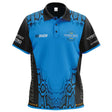 Blue and black Peter Wright darts shirt with snake pattern, Snakebite and sponsor logos, full front view on white background