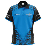 Blue and black Peter Wright darts shirt with snake pattern, Snakebite and sponsor logos, full front view on white background