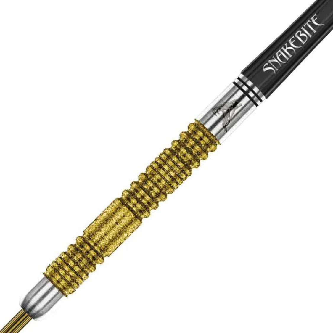 Close-up macro of gold 85% tungsten dart barrel with textured grip and engraved shaft, showing Snakebite design details