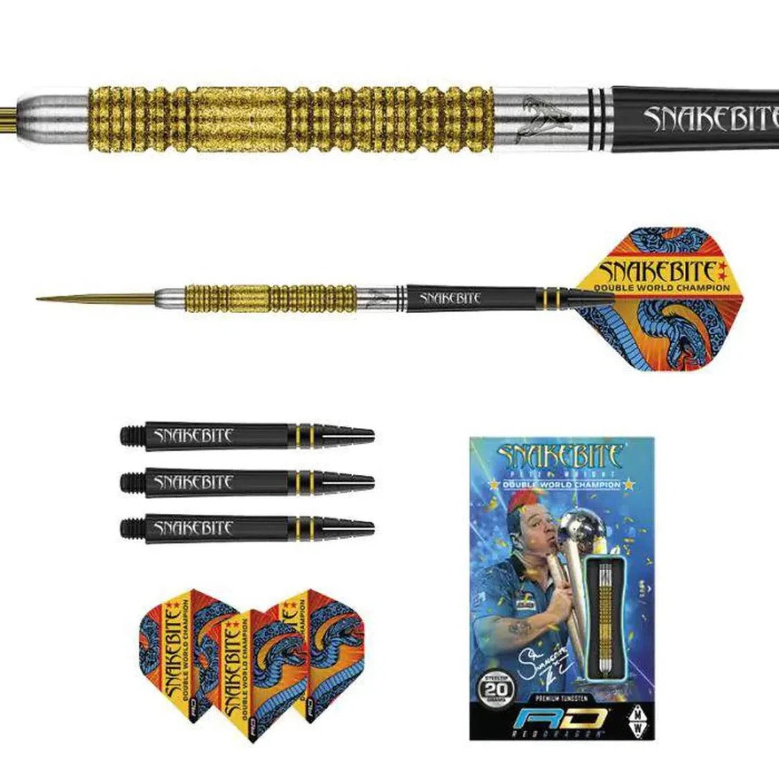 Flat lay of Peter Wright gold tungsten darts set with close-up barrel grip, extra shafts, Snakebite flights, and display box packaging.